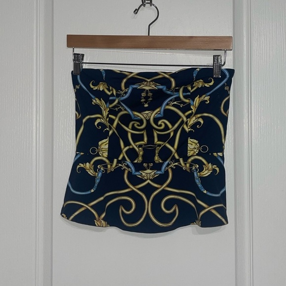 J. McLaughlin Strapless REYNA TUBE TOP PEPLUM HEM NAVY/GOLD/BLUE BELTMORE Small - Picture 3 of 9